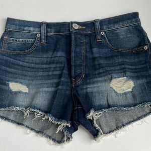NWT Express High Rise High Rolled Shortie Button Fly Distressed Blue Denim